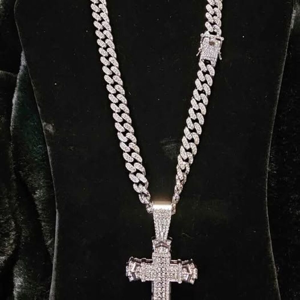 14kt White Gold Filled 20" Miami Cuban Chain with CZ's and Cross. Over 10MM!